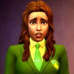 The Sims 4 screenshot showing a young woman with shoulder-length wavy brown hair and an academic green coat, her expression surprised