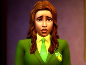 The Sims 4 screenshot showing a young woman with shoulder-length wavy brown hair and an academic green coat, her expression surprised