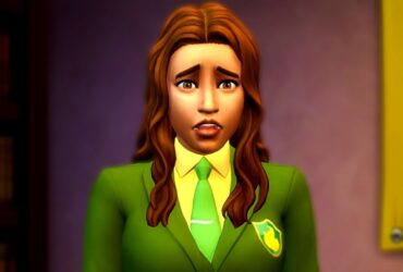 The Sims 4 screenshot showing a young woman with shoulder-length wavy brown hair and an academic green coat, her expression surprised