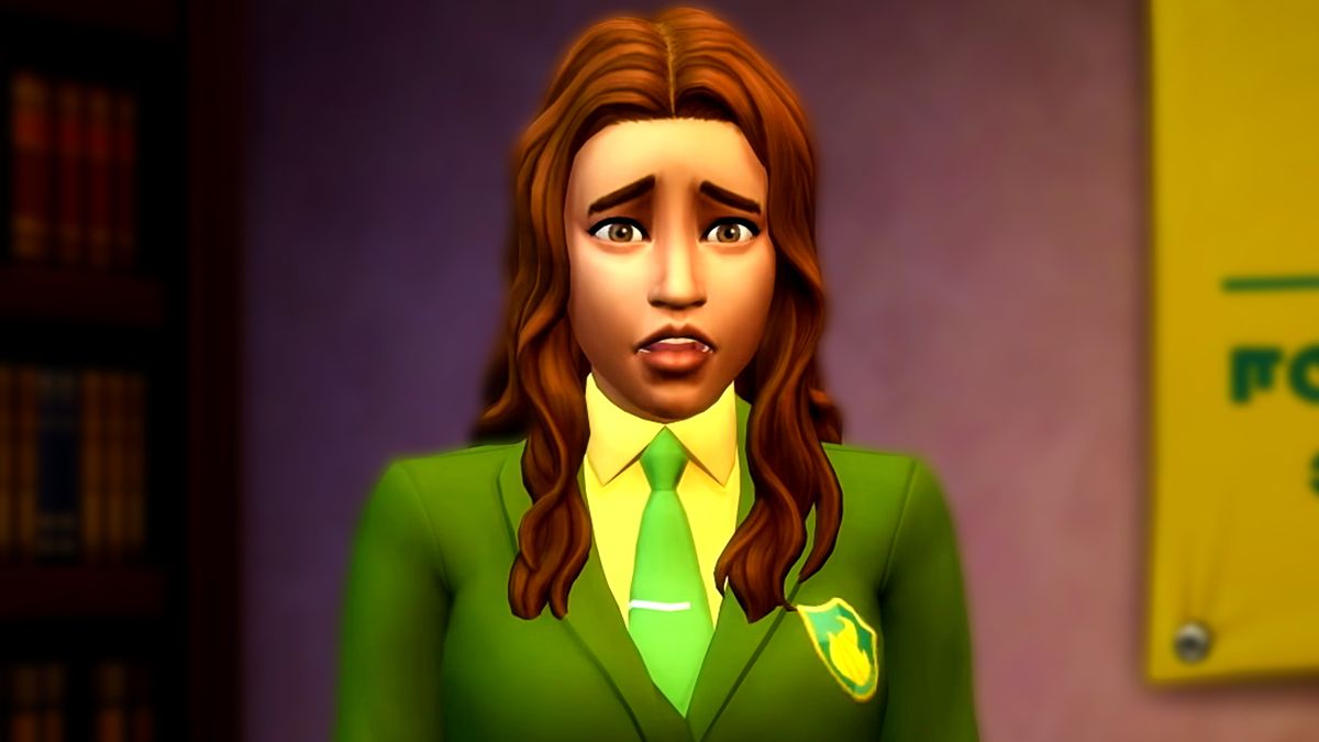 The Sims 4 screenshot showing a young woman with shoulder-length wavy brown hair and an academic green coat, her expression surprised