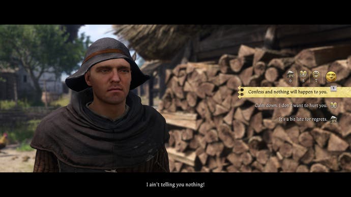 Henry mulls over three possible dialogue options next to a pile of stacked wood in Kingdom Come Deliverance 2