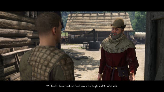 An old man with a lisp talks to Henry at the front gate of his village in Kingdom Come Deliverance 2