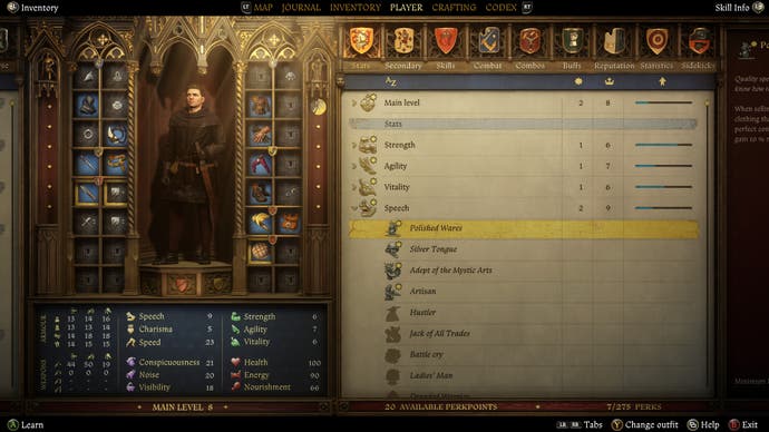 The perk point menu screen in Kingdom Come Deliverance 2