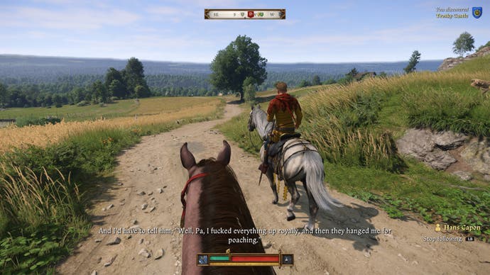 Henry follows Hans Capon on horseback through a tall field in Kingdom Come Deliverance 2