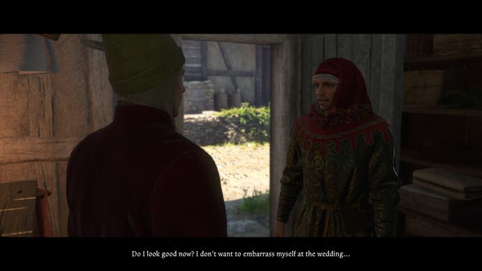 Henry asks the tailor if his clothes are good enough for an upcoming wedding in Kingdom Come Deliverance 2