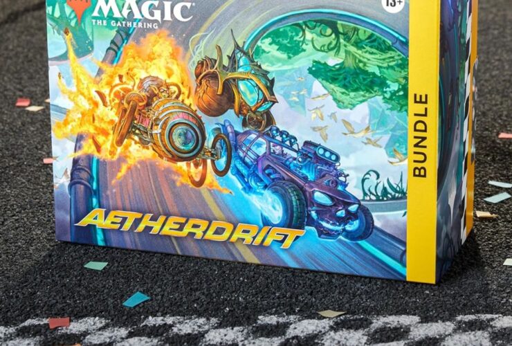 MTG Aetherdrift Bundle box on a tarmac surface, in from of a checkered start line