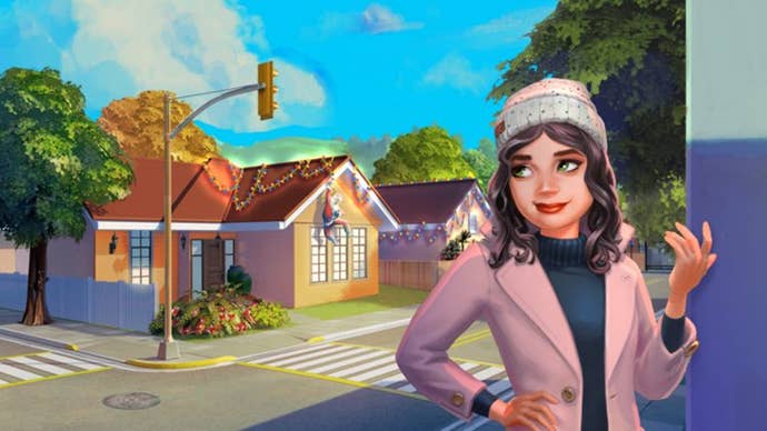 A Sim in a cute beanie and winter coat rolls her eyes at a suburban home behind her.