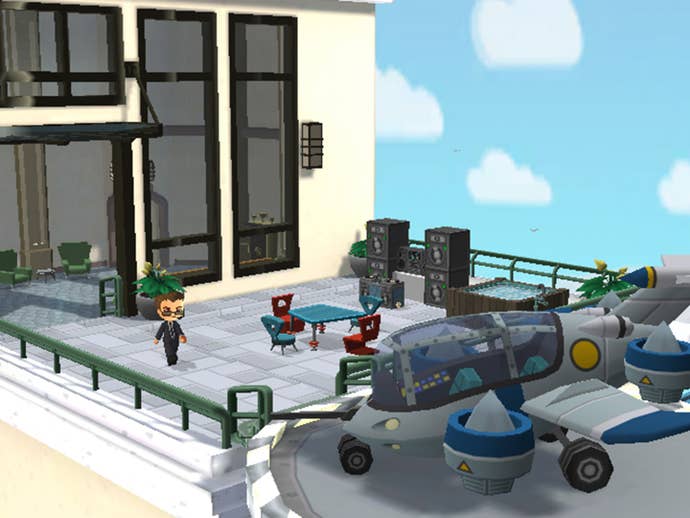 A black suited Sim agent strides across a well-appointed high rise balcony towards a waiting helicopter.