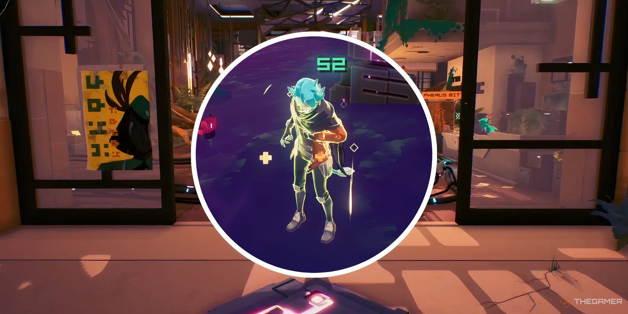 A split image showing a Breaker in Hyper Light Breaker using a Medkit with the Cursed Outpost as a background.