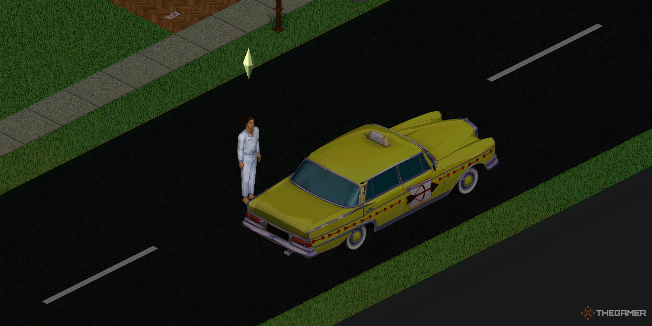 A Taxi in The Sims, there is a man standing next to it.