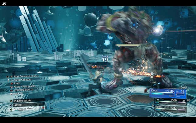 A screenshot of Final Fantasy VII: Rebirth on the Steam Deck. Cloud is fighting Titan in Chadley’s Battle Simulator. Both characters are in the middle of attack animations and look blurry.