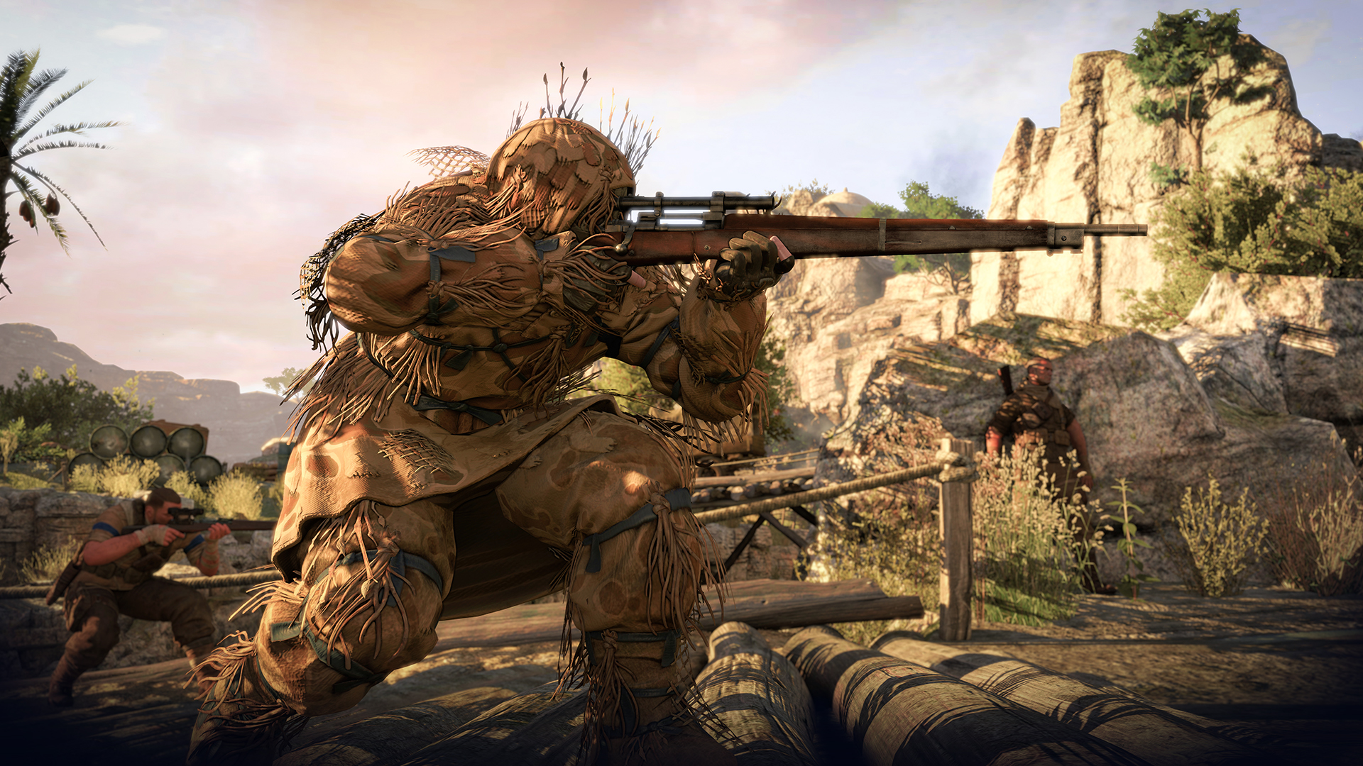 A camouflaged gunman crouched down in Sniper Elite 3