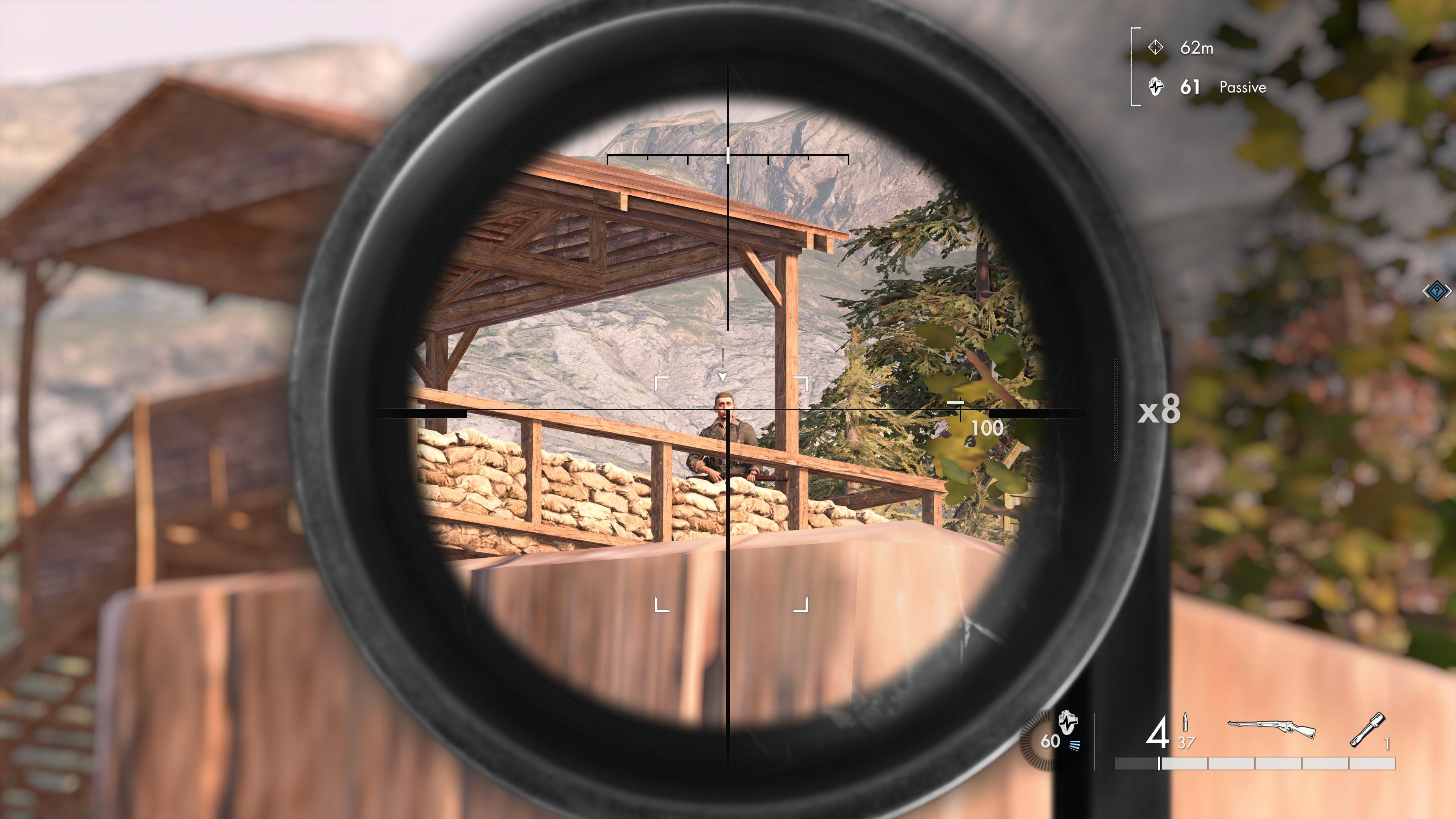 Lining up a headshot through a sniper rifle scope in Sniper Elite: Resistance