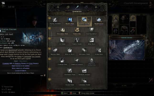 A screenshot of Path of Exile 2 running on the Steam Deck. The player character is in the menu screen looking at their available skills to learn. The left side of the box describing the selected skill is cut off.