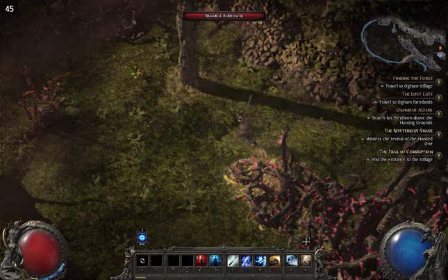 A screenshot of Path of Exile 2 running on the Steam Deck. The player character is walking through a forest with many sharp vines on the ground. A counter in the corner shows the game is running at 45 FPS.