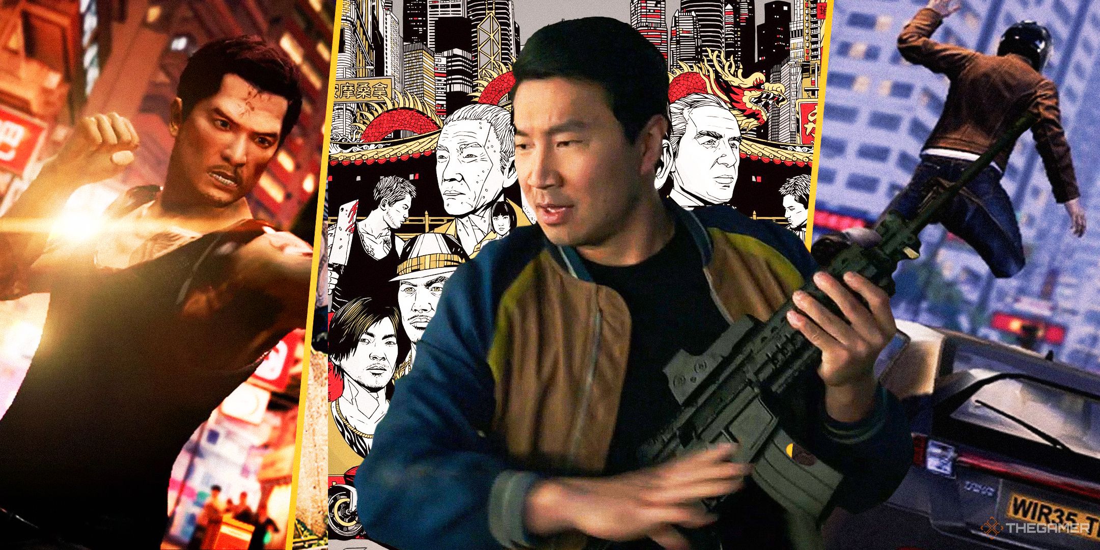 Simu Liu with a gun in front of a collage of screenshots from Sleeping Dogs.