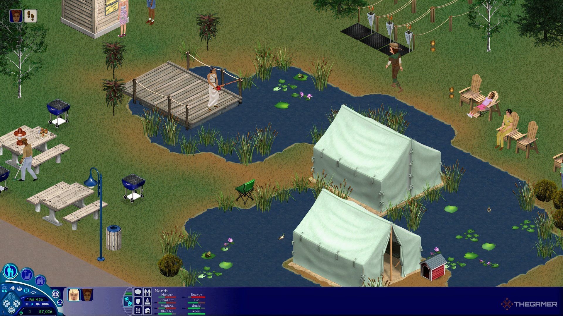 A sim fishing at the campground on Vacation Island, surrounded by tents.