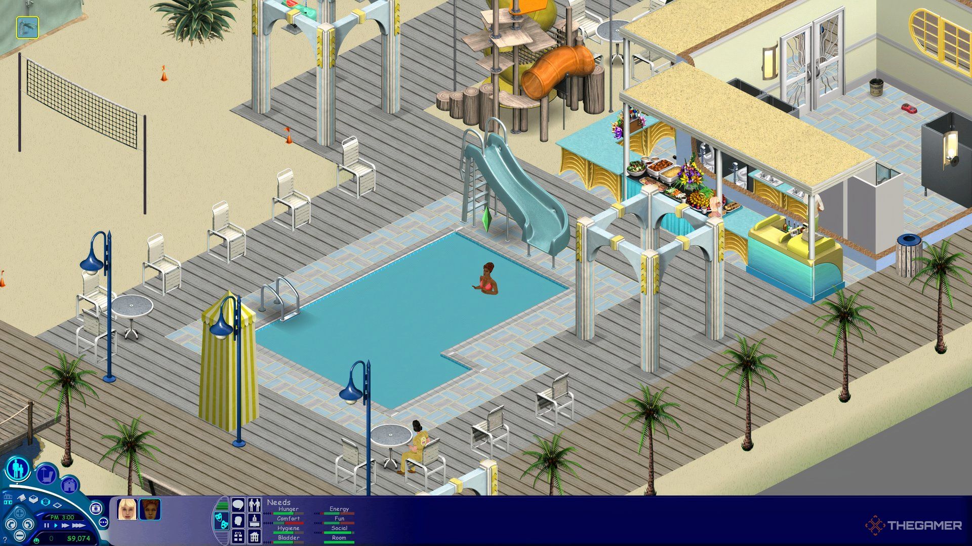 Sims at the beach, one in the pool and the other at the bar.