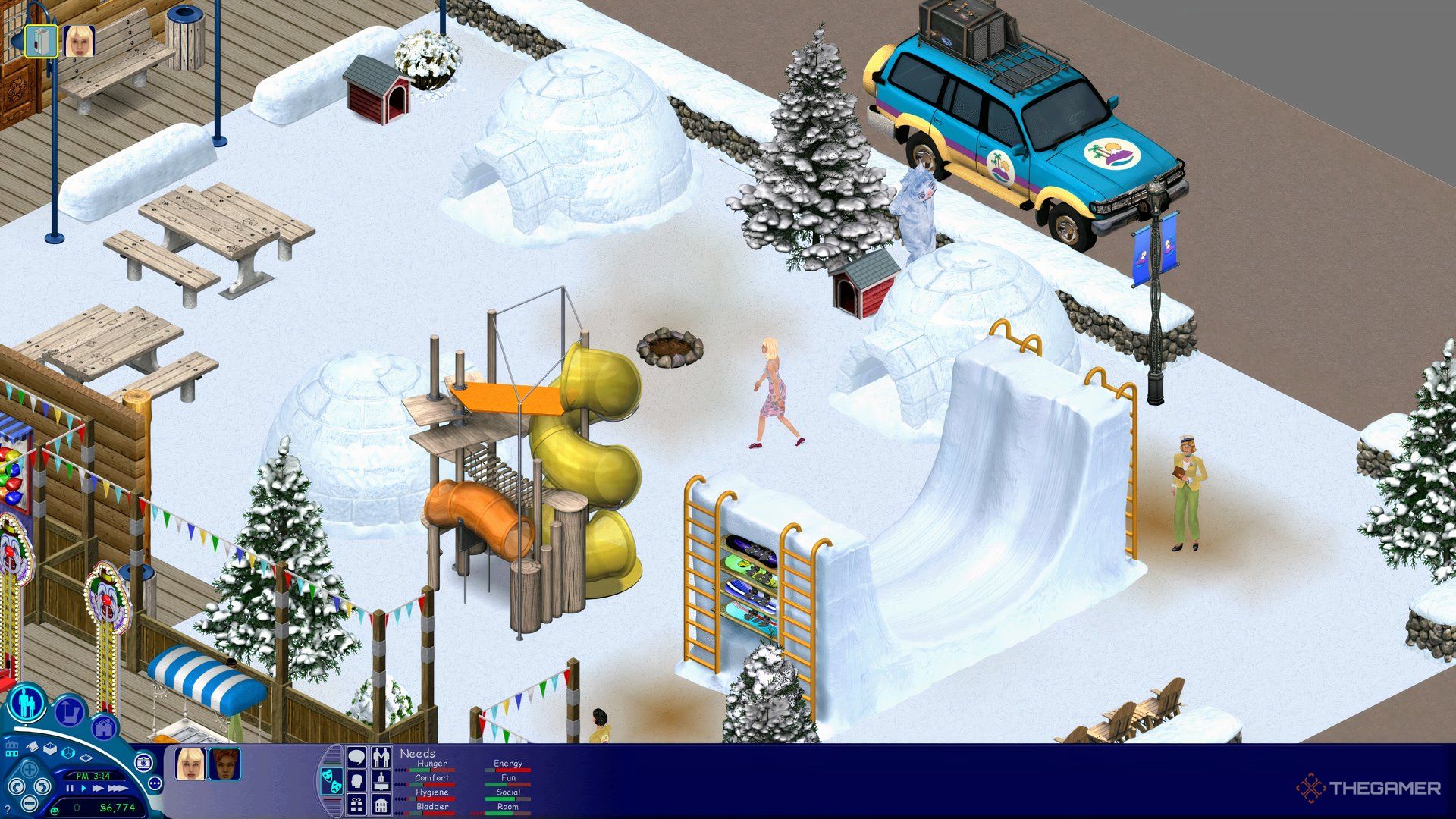 Sims on vacation in the snow with igloos and snow sports equipment.