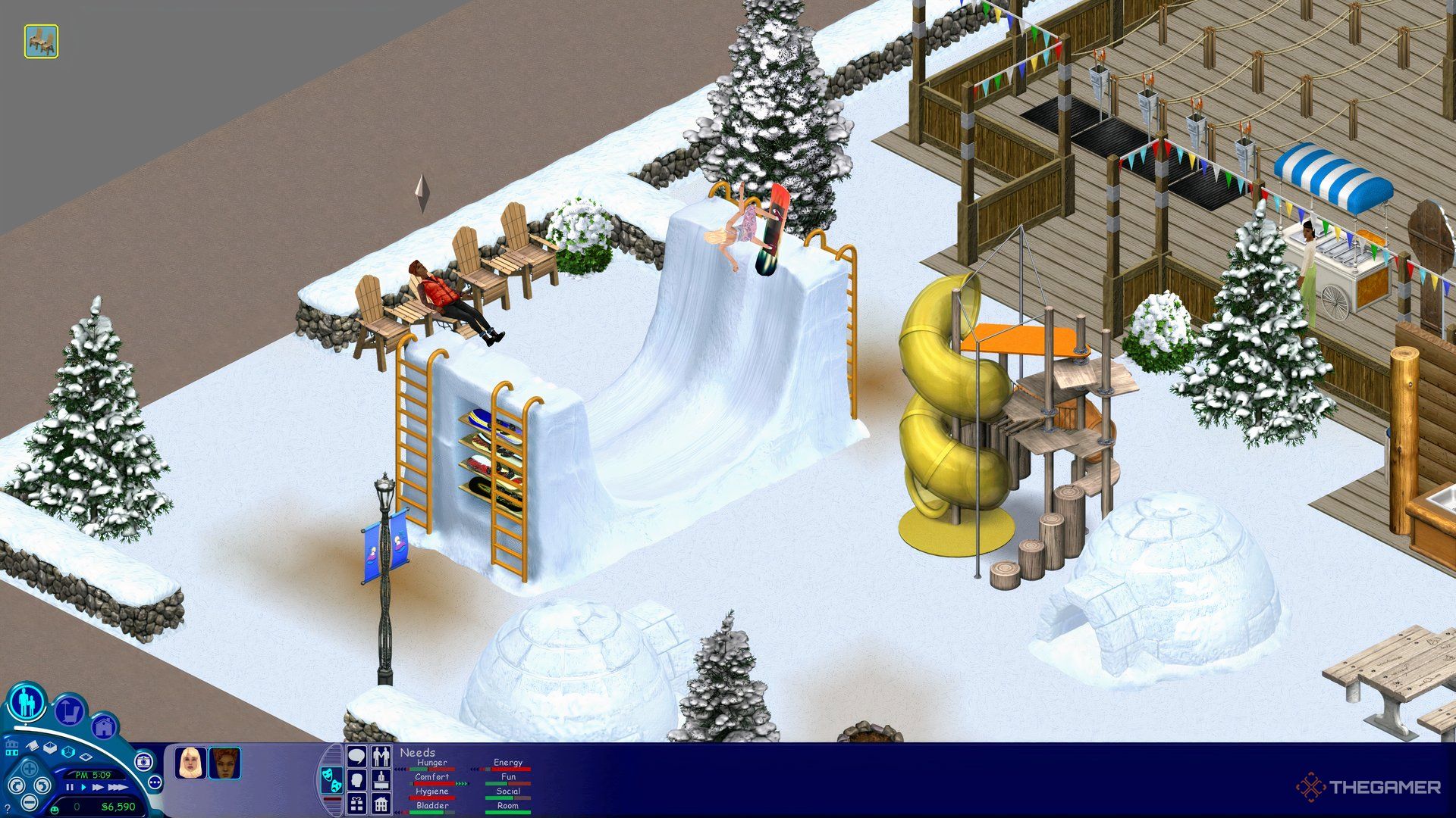 Two Sims on vacation, one snowboarding, the other relaxing.