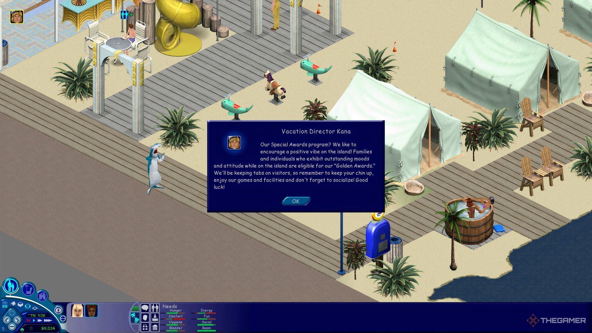 A pop-up in The Sims where Kana is explaining Vacation Awards.