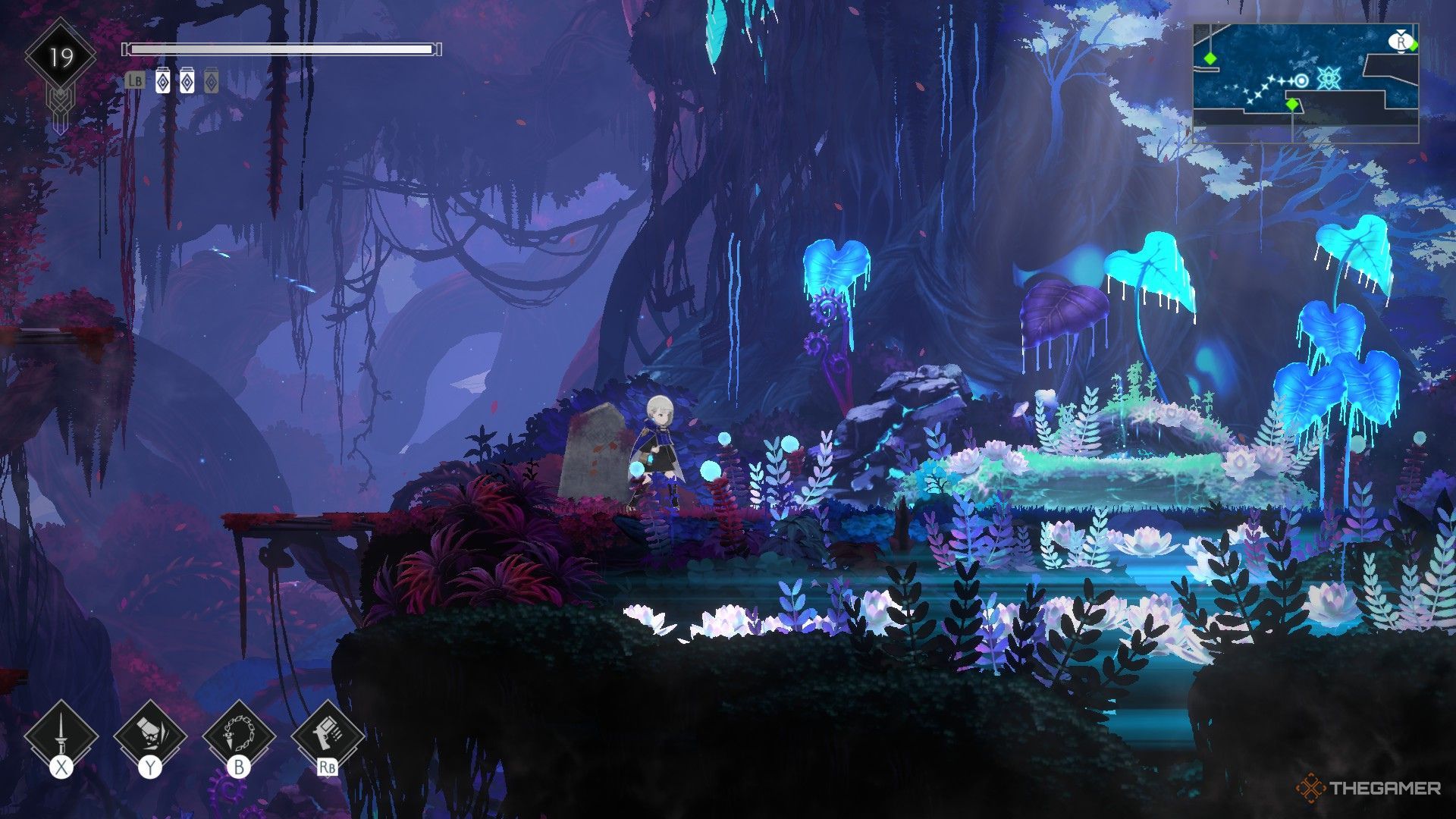 The image shows Lilac standing near the Great Tree of the Crimson Forest Respite in Ender Magnolia: Bloom In The Mist.