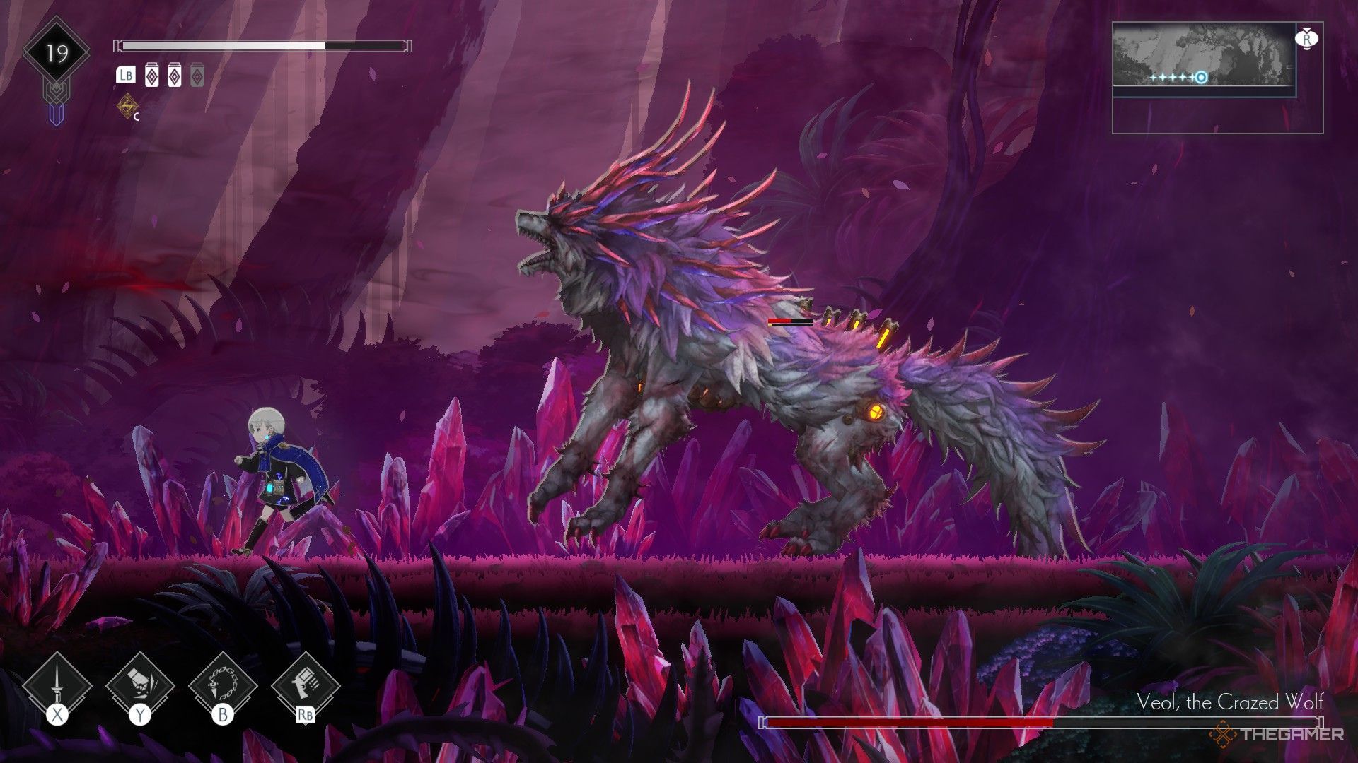 The image shows Lilac running towards one edge of the screen while fighting Veol, The Crazed Wolf, in Ender Magnolia: Bloom In The Mist.