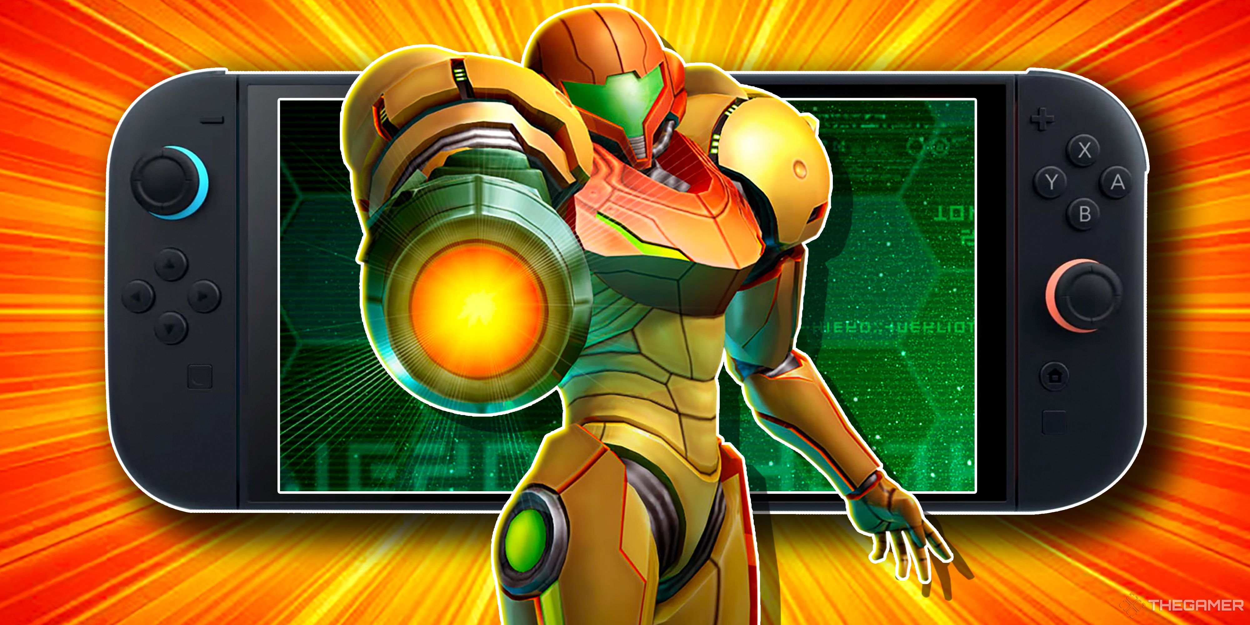 Samus pointing her Arm Cannon at the camera, with a Switch 2 in the background.