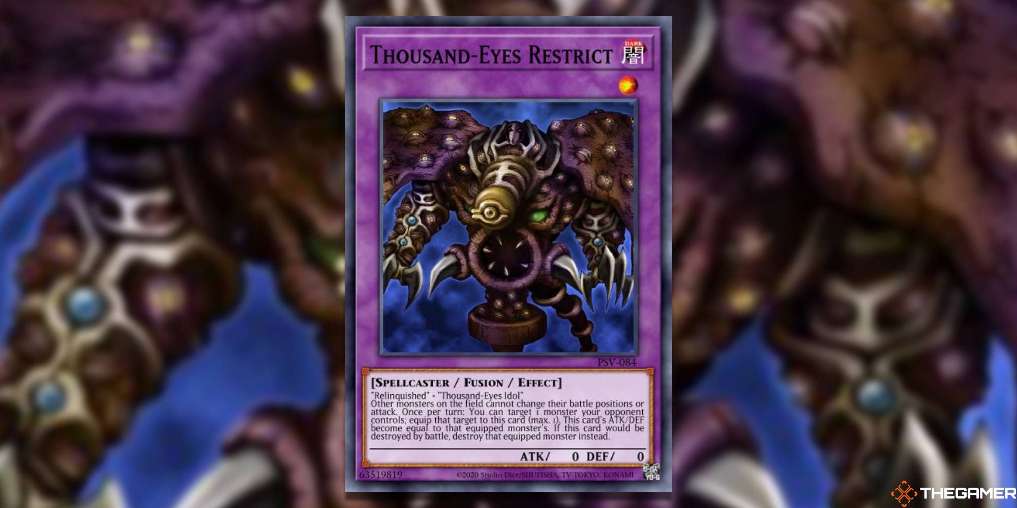 Thousand-Eyes Restrict card and art background in Yu-Gi-Oh!.