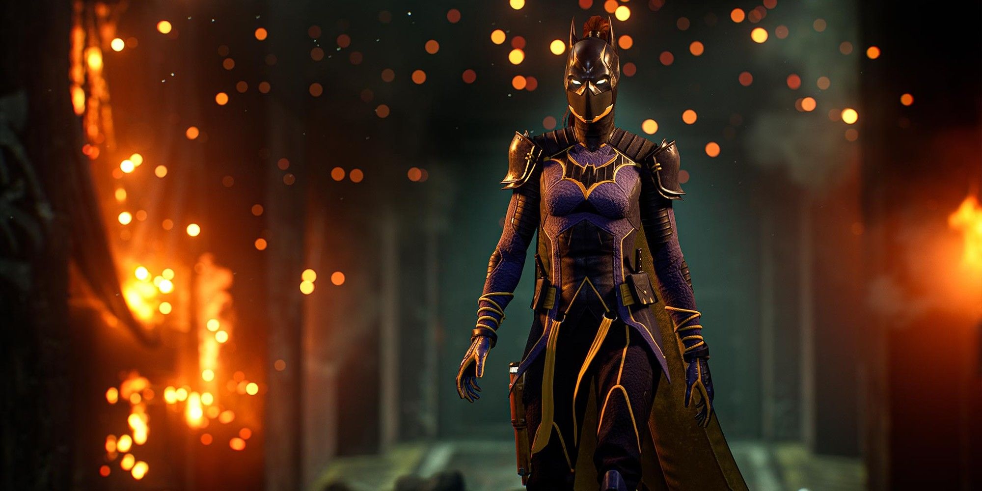 Gotham Knights screenshot of Batgirl with sparks behind her.