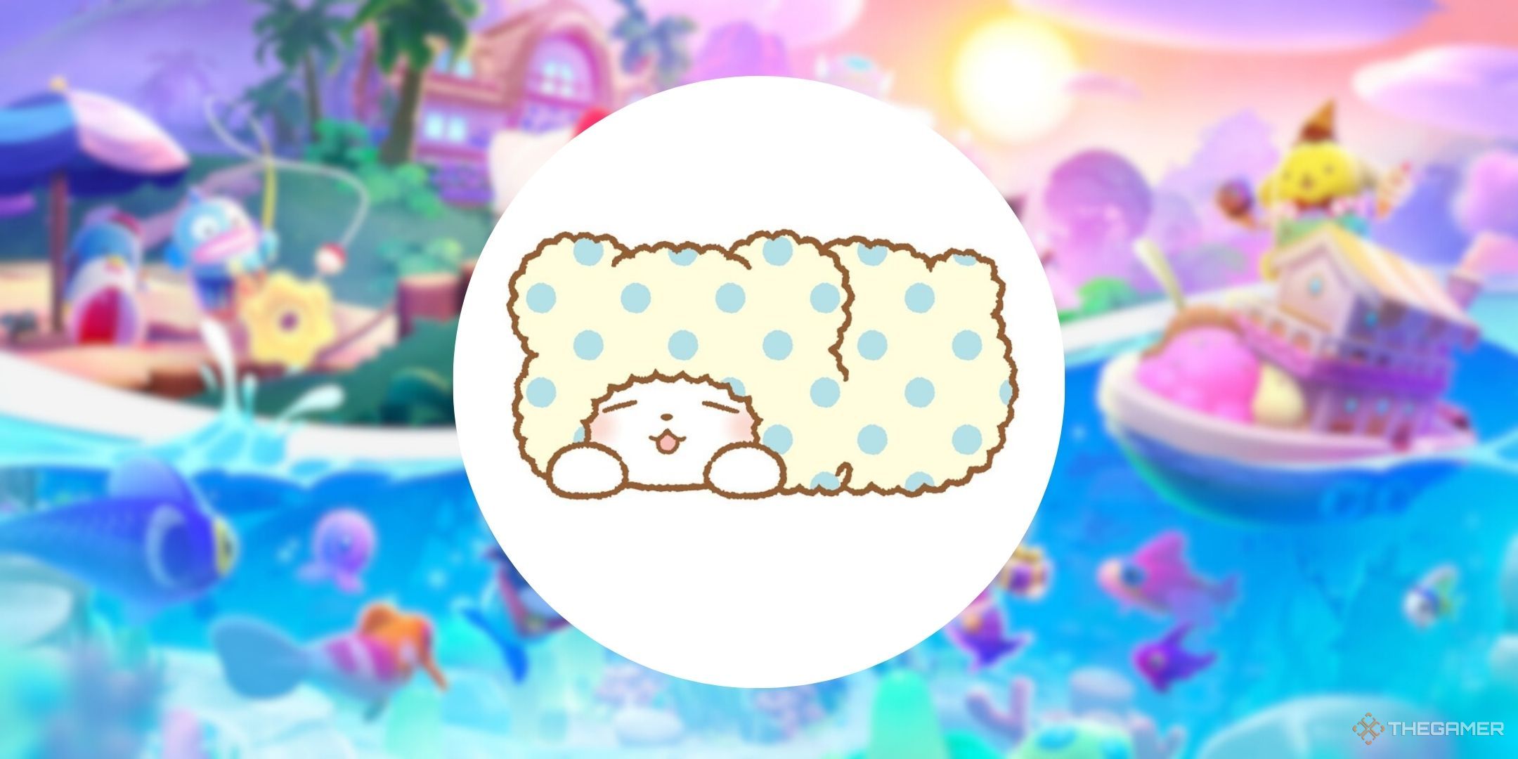 Moppu on top of the official art for Hello Kitty Island Adventure.