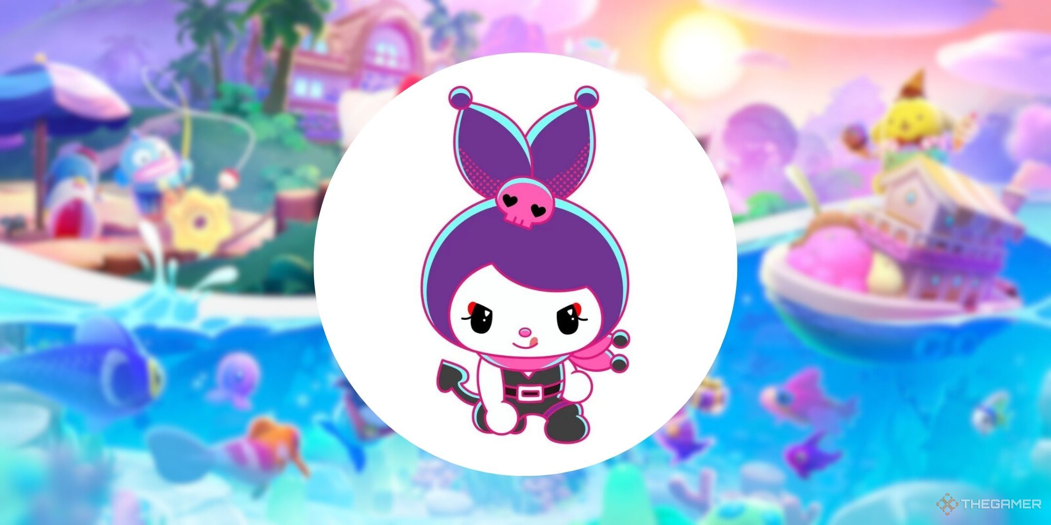 Romina on top of the official art for Hello Kitty Island Adventure.