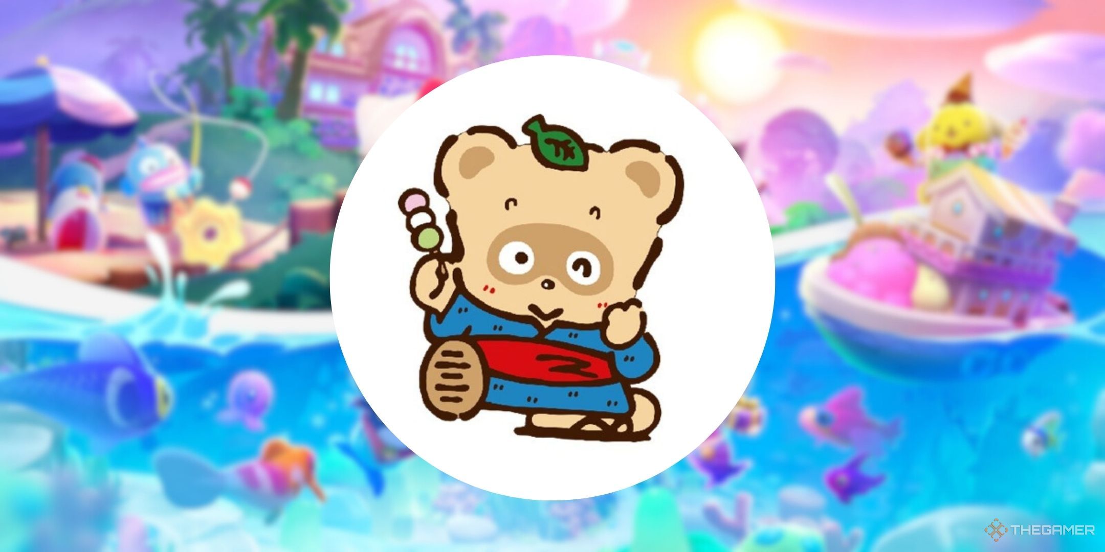 Pokopon on top of the official art for Hello Kitty Island Adventure.