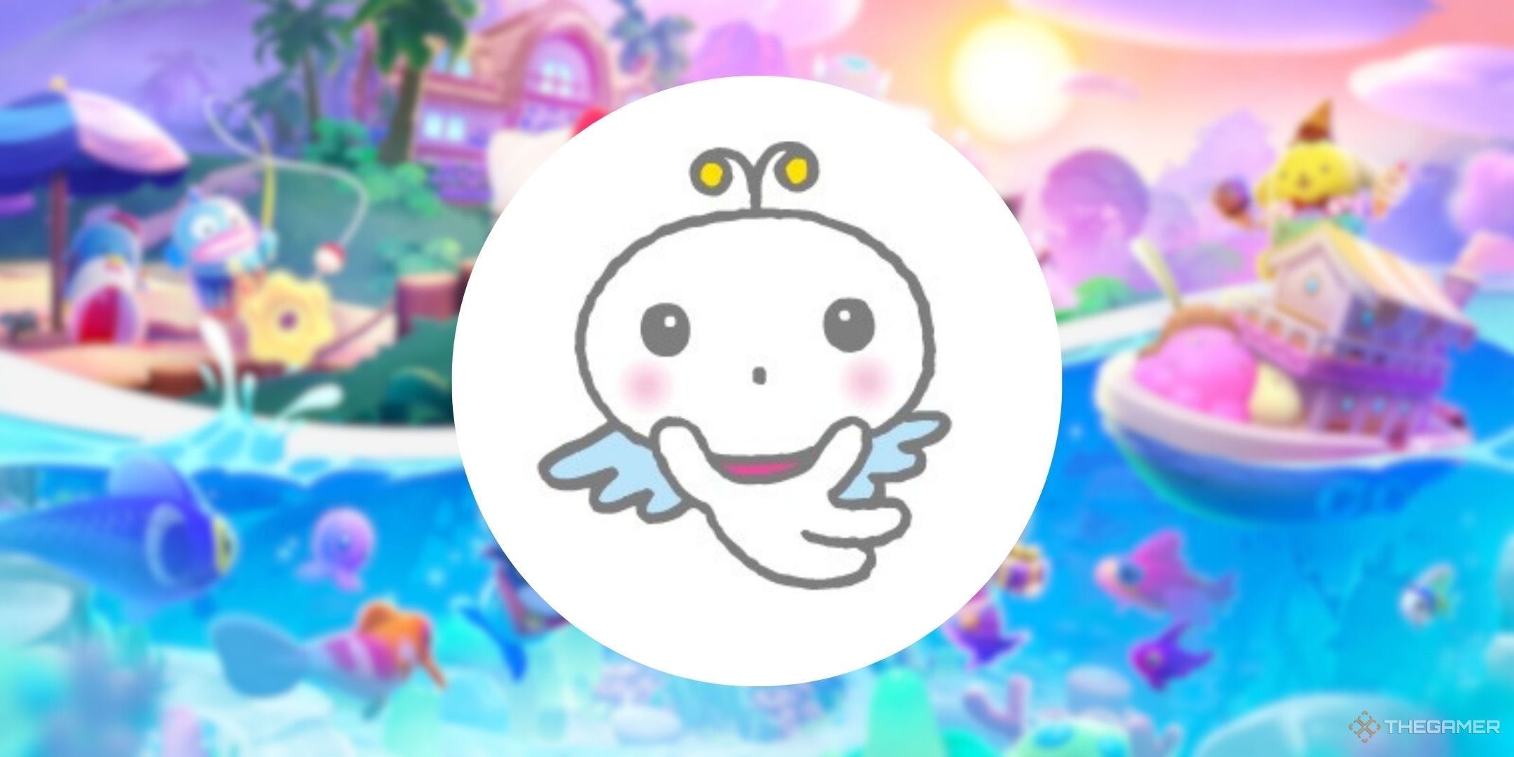 Pururun Kyupi on top of the official art for Hello Kitty Island Adventure.