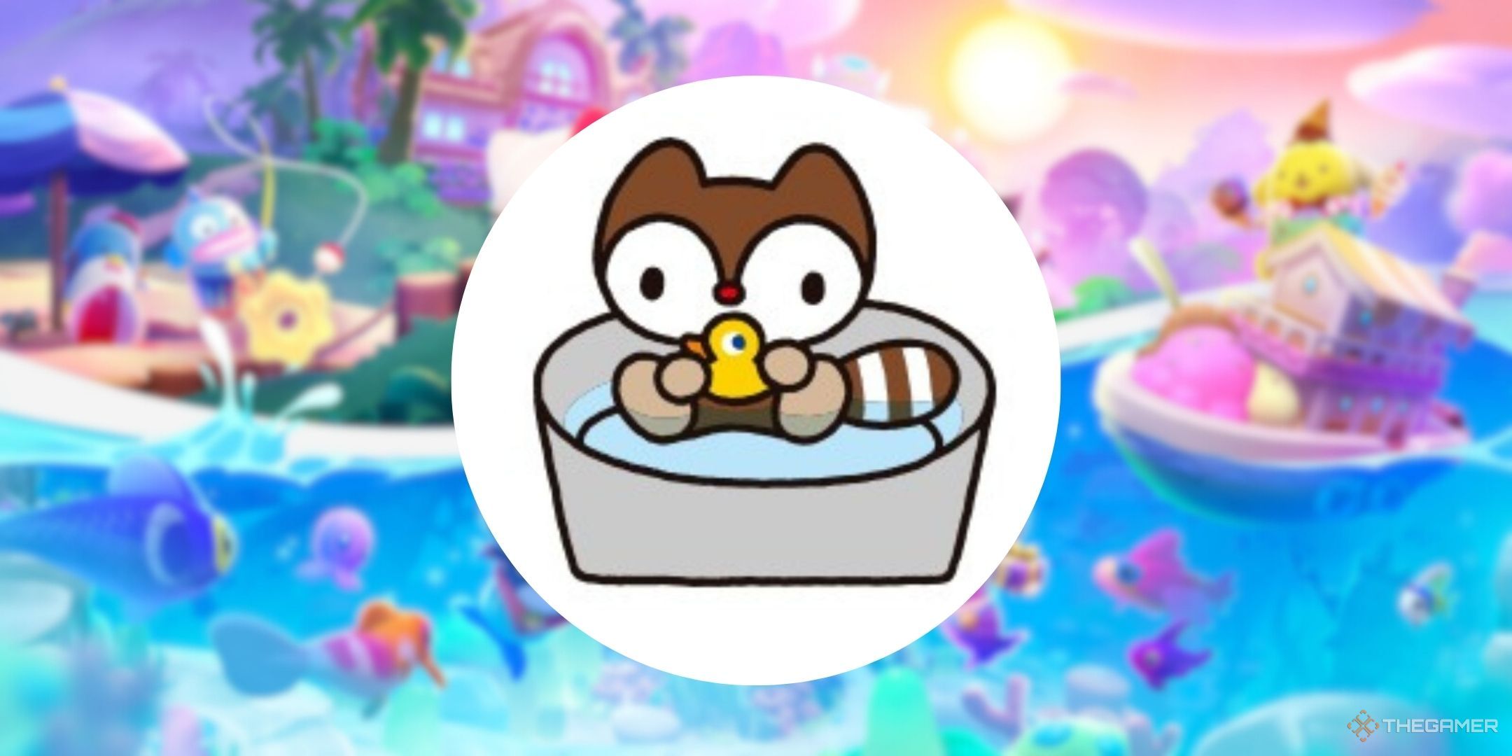 Landry on top of the official art for Hello Kitty Island Adventure.