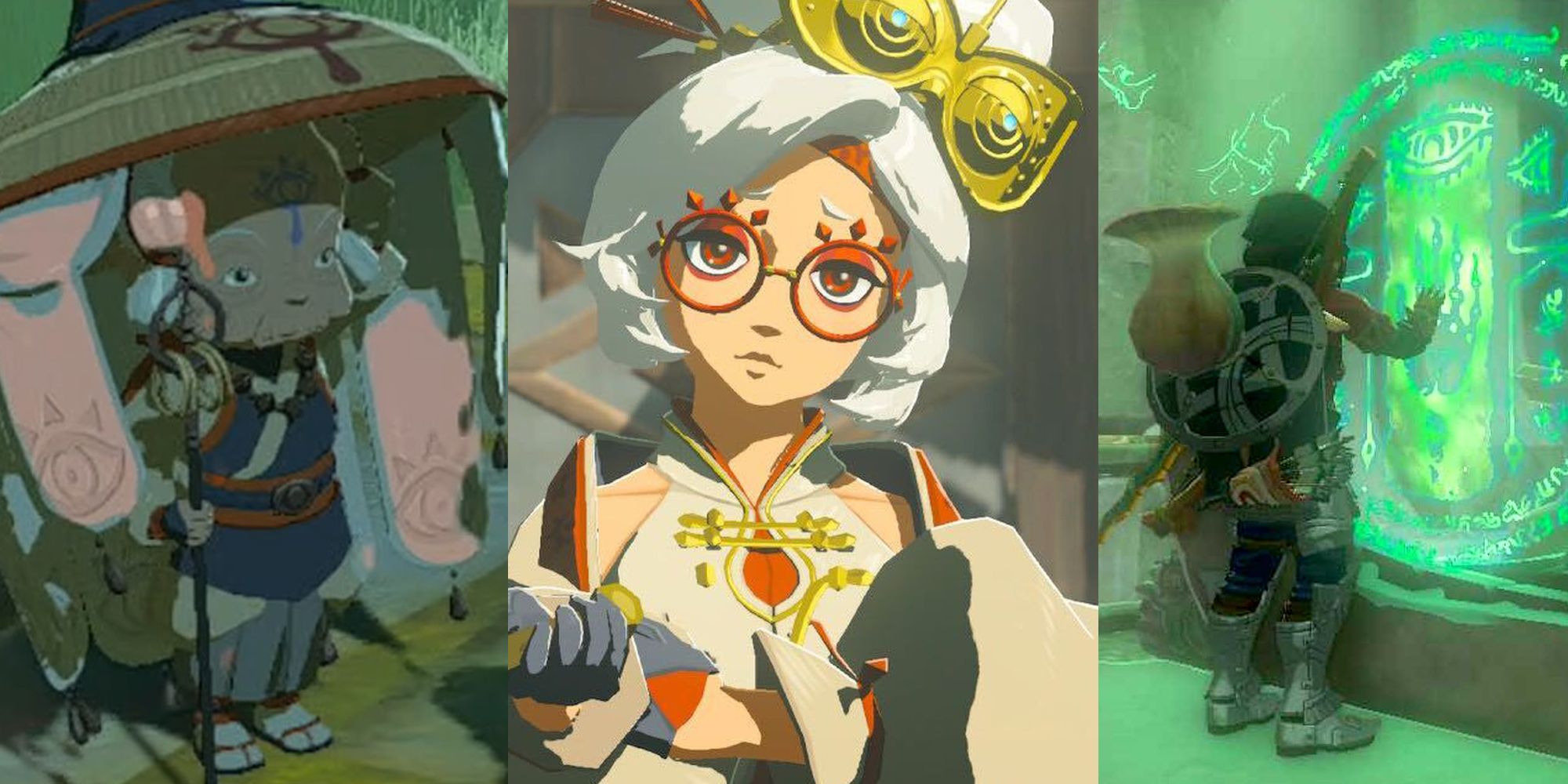 Impa in TOTK; older Purah in TOTK; Link activating a Shrine