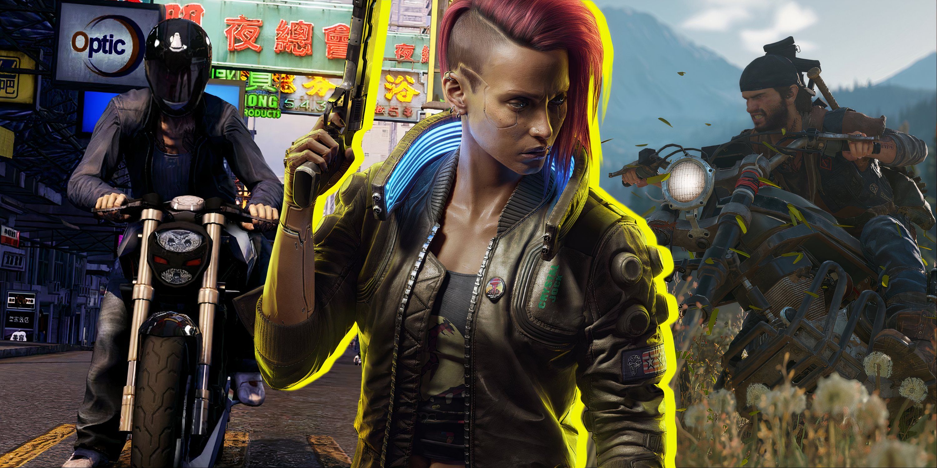 Split image of Sleeping Dogs, Cyberpunk 2077, and Days Gone