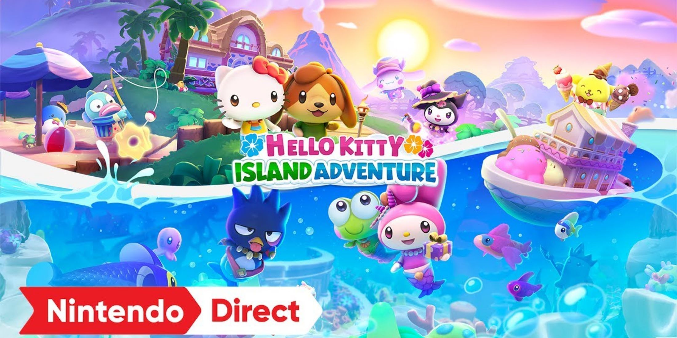 The cover art for Hello Kitty Island Adventure with the Nintendo Direct logo