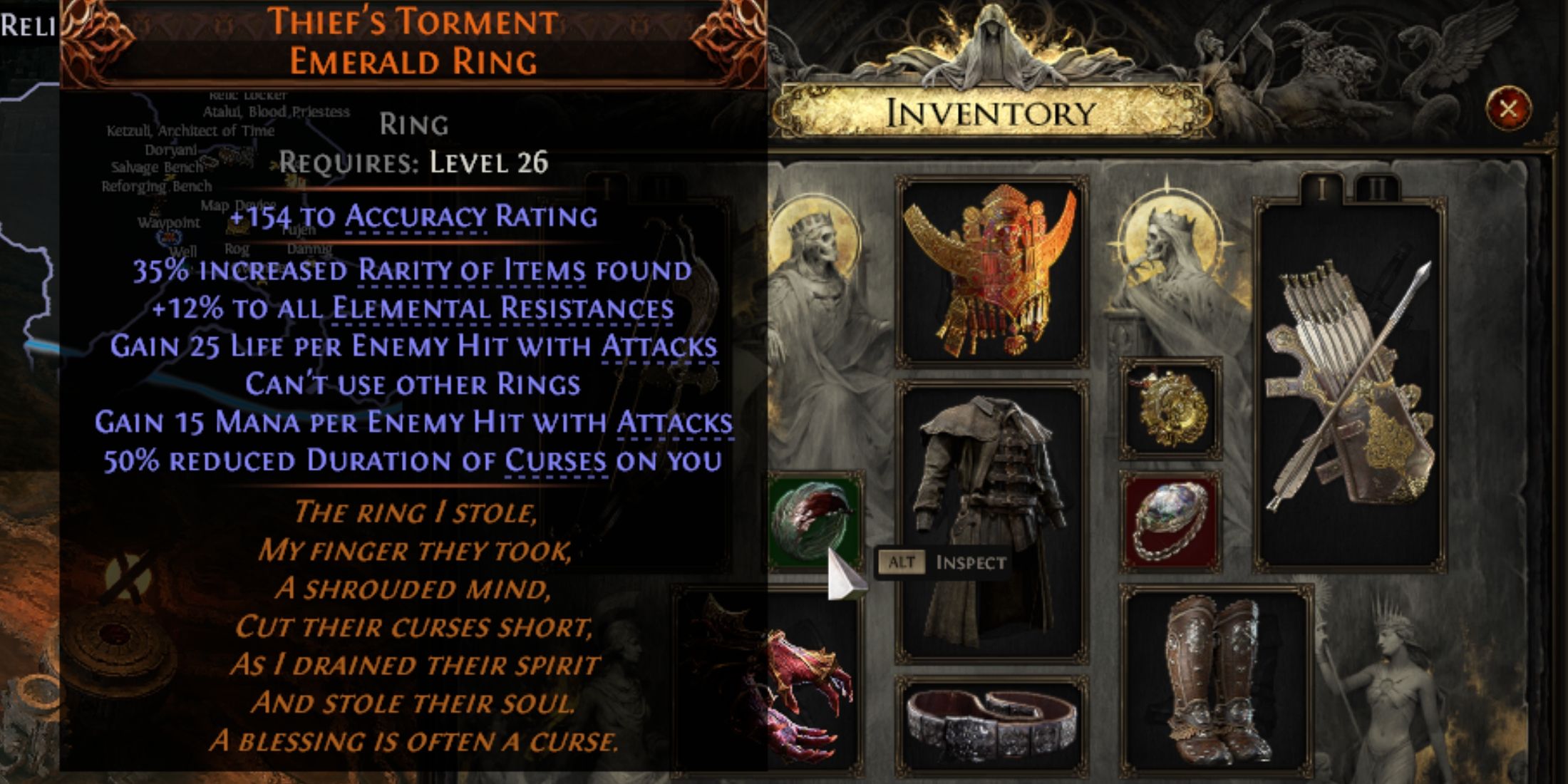 thief's torment emerald ring equipped on a character in path of exile 2