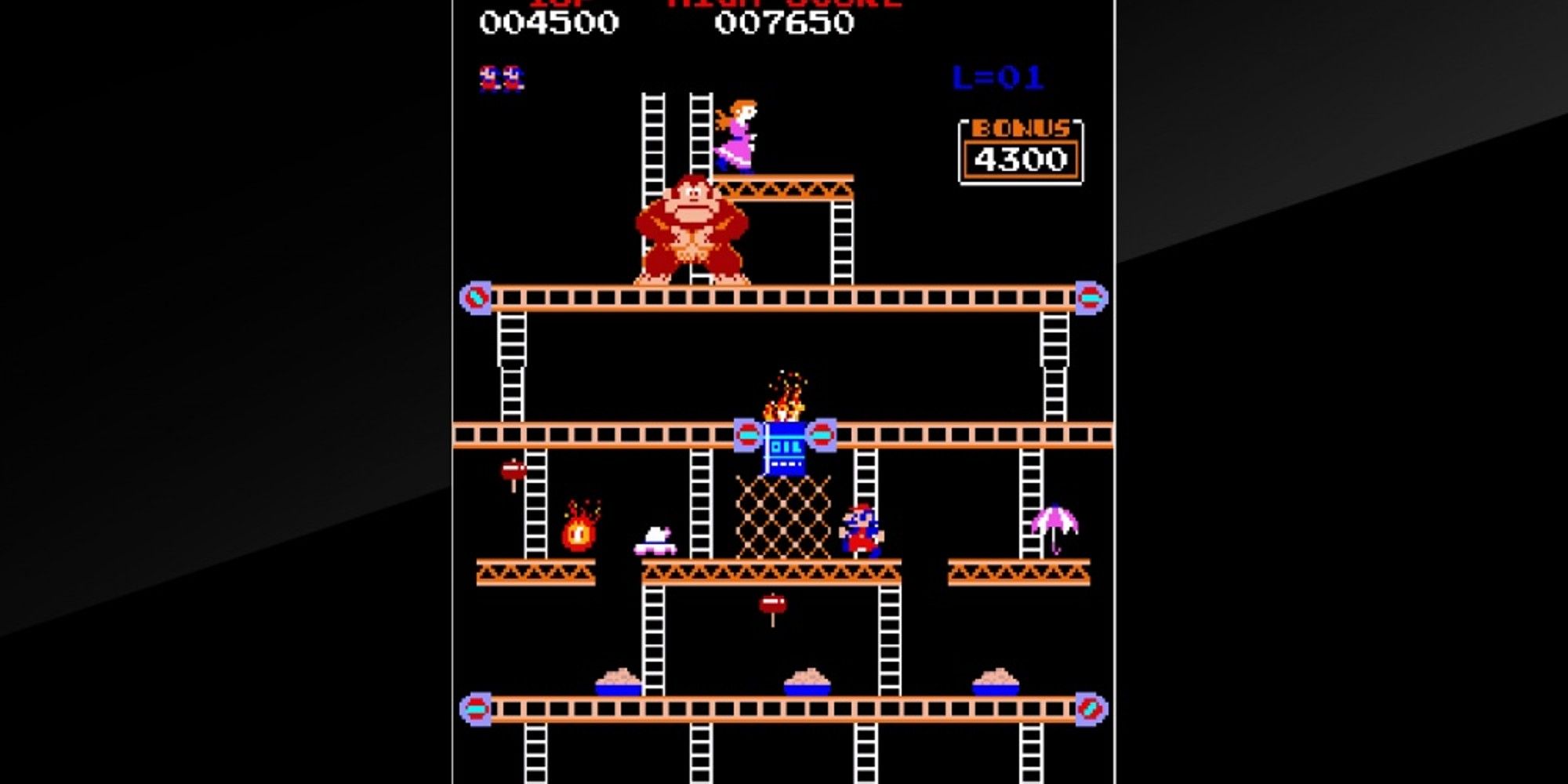 Screenshot of jump man climbing up the second level in Donkey Kong Arcade.