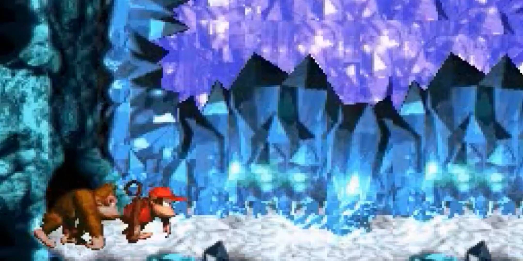 Donkey Kong and Diddy Kong entering the Slipslide Ride level of Donkey Kong Country.