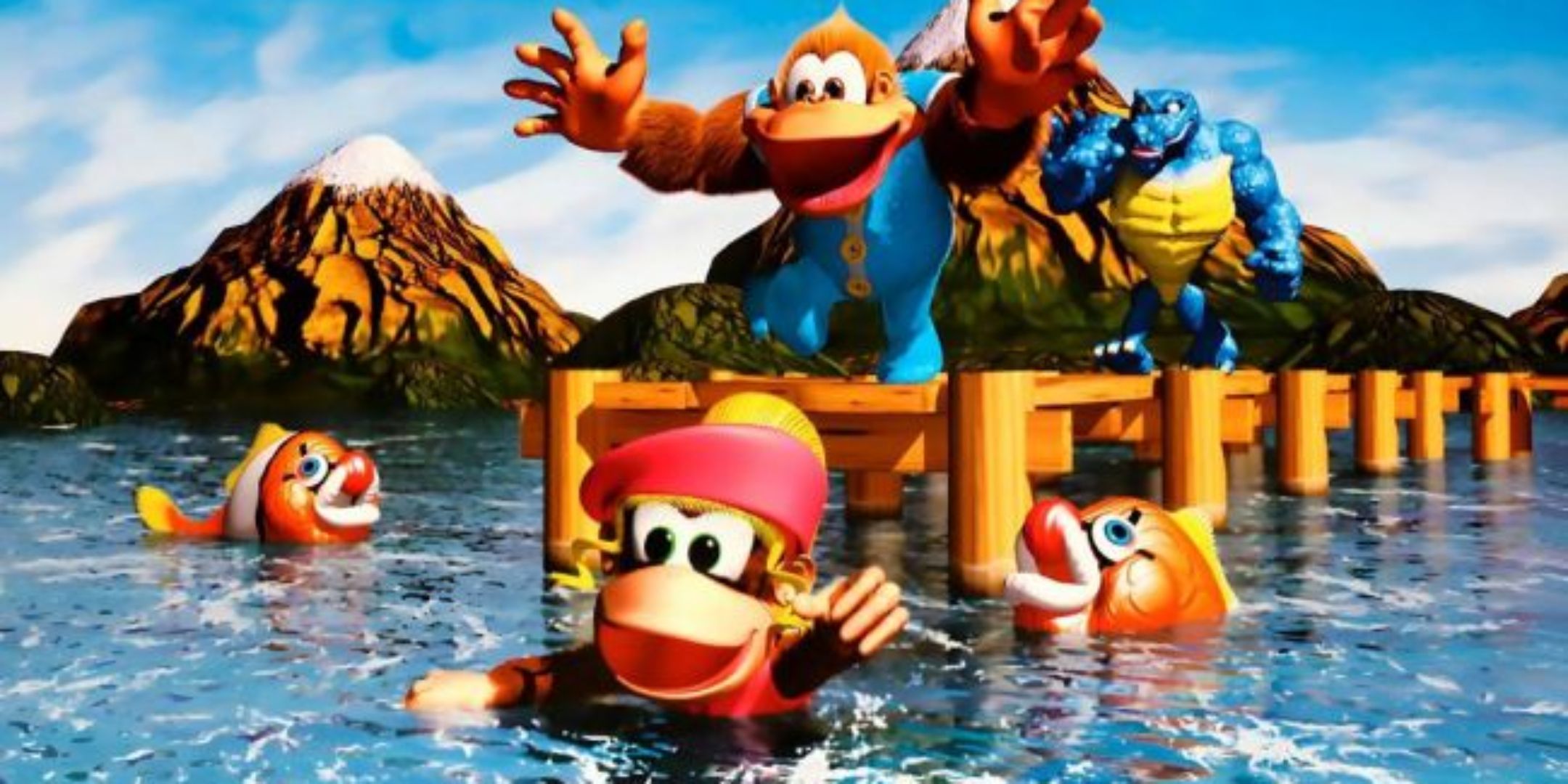 Donkey Kong Land 3 promo image of Dixie Kong in water with another ape on the dock with another creature.