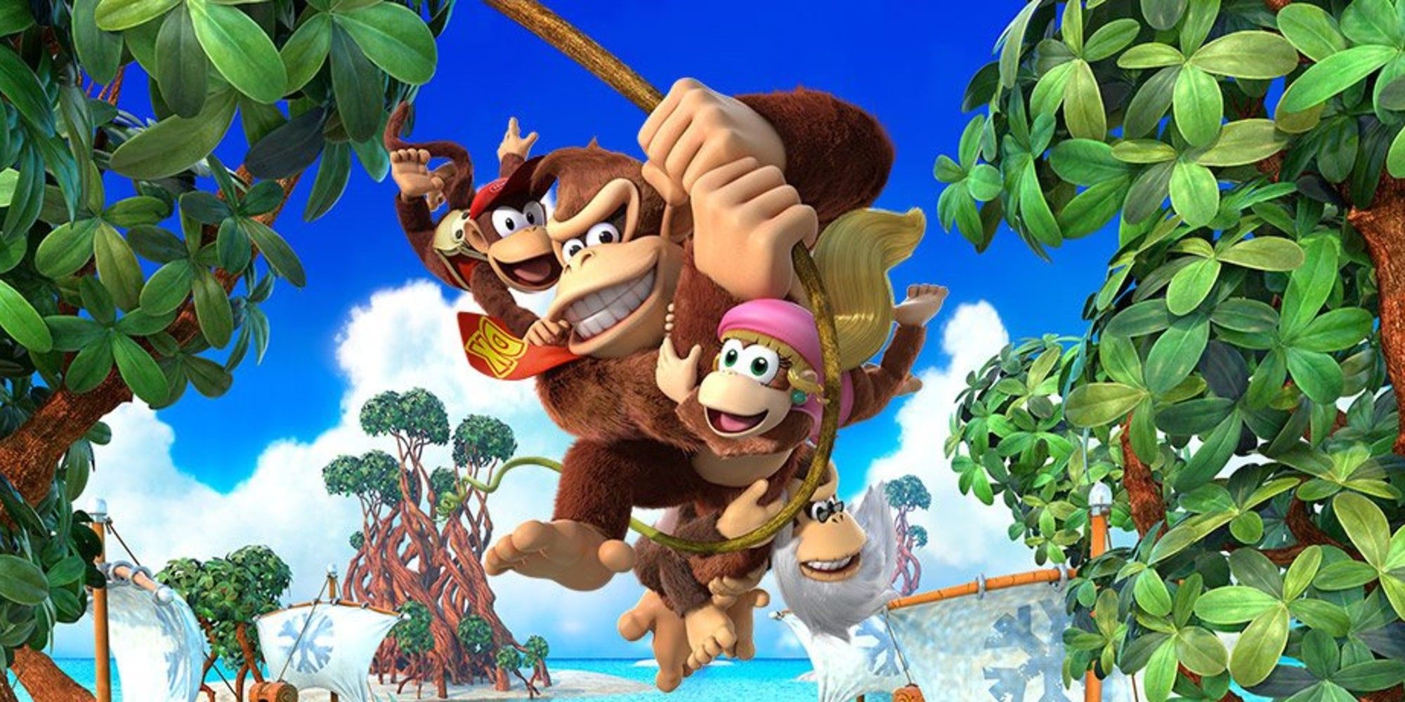 Donkey Kong Country Tropical Freeze promo image of DK, Diddy, Dixie, and Cranky swinging on a vine.