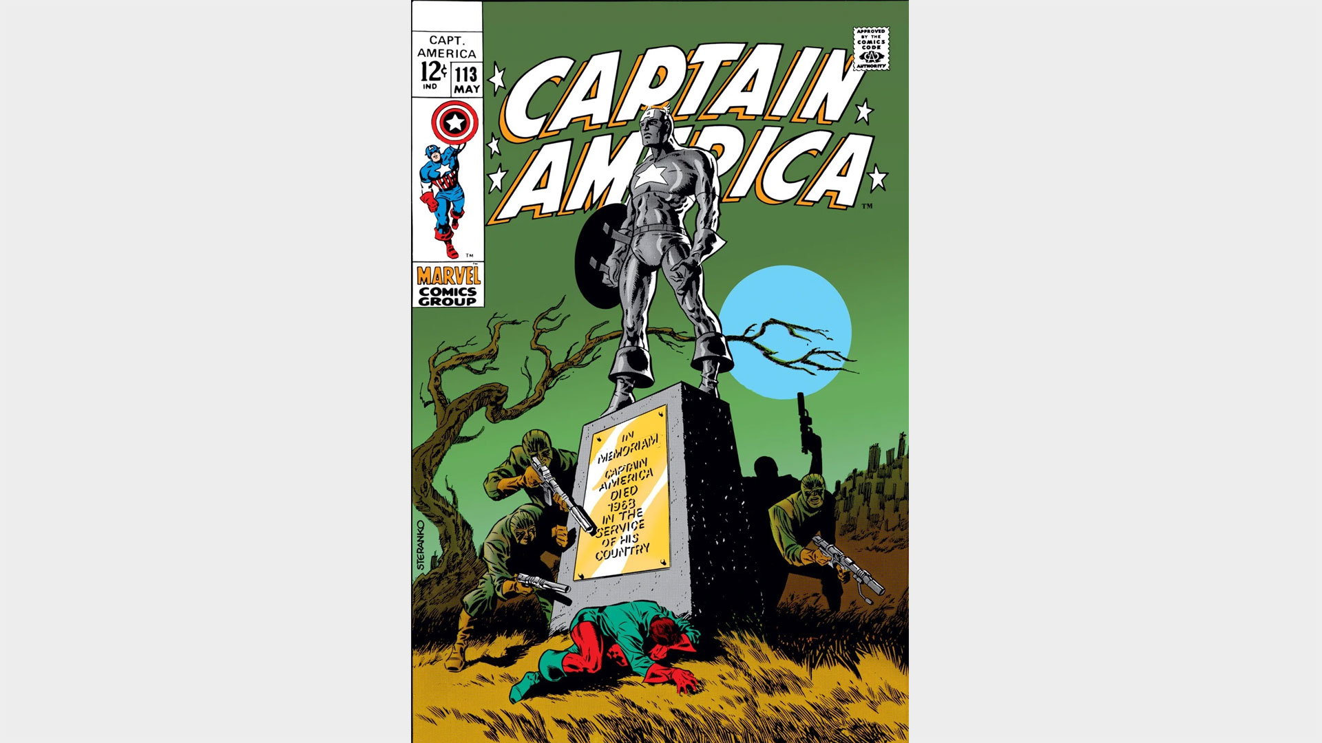 Cover of Captain America #113 featuring a monument to Captain America.