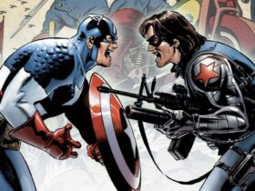 Captain America #14 cover excerpt with Captain America and the Winter Soldier facing off.