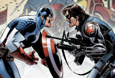 Captain America #14 cover excerpt with Captain America and the Winter Soldier facing off.