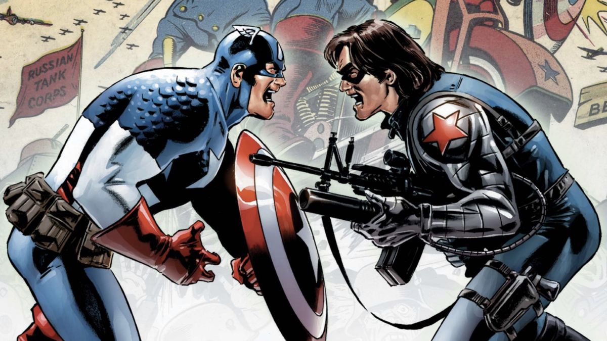 Captain America #14 cover excerpt with Captain America and the Winter Soldier facing off.