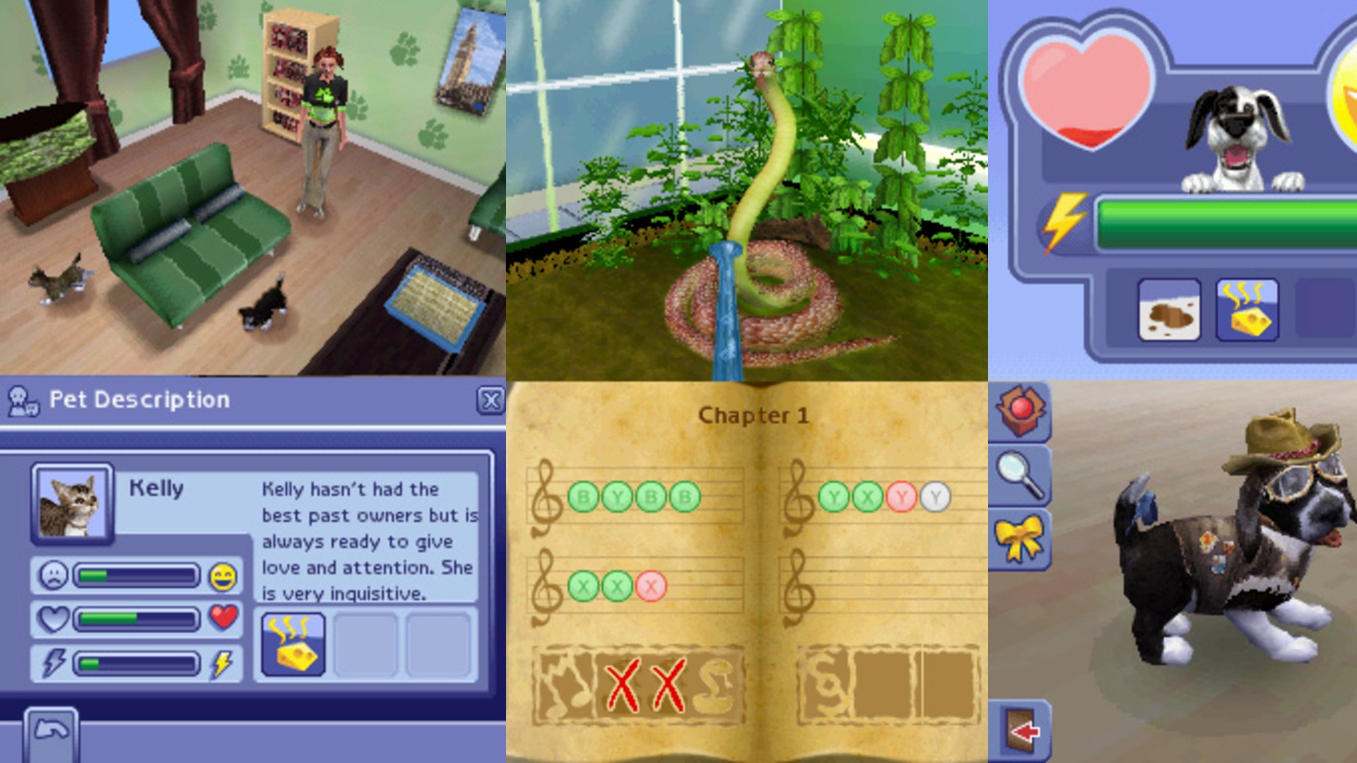 The Sims 2 Apartment Pets for Nintendo DS screenshots depicting animal interactive gameplay across the console's two screens