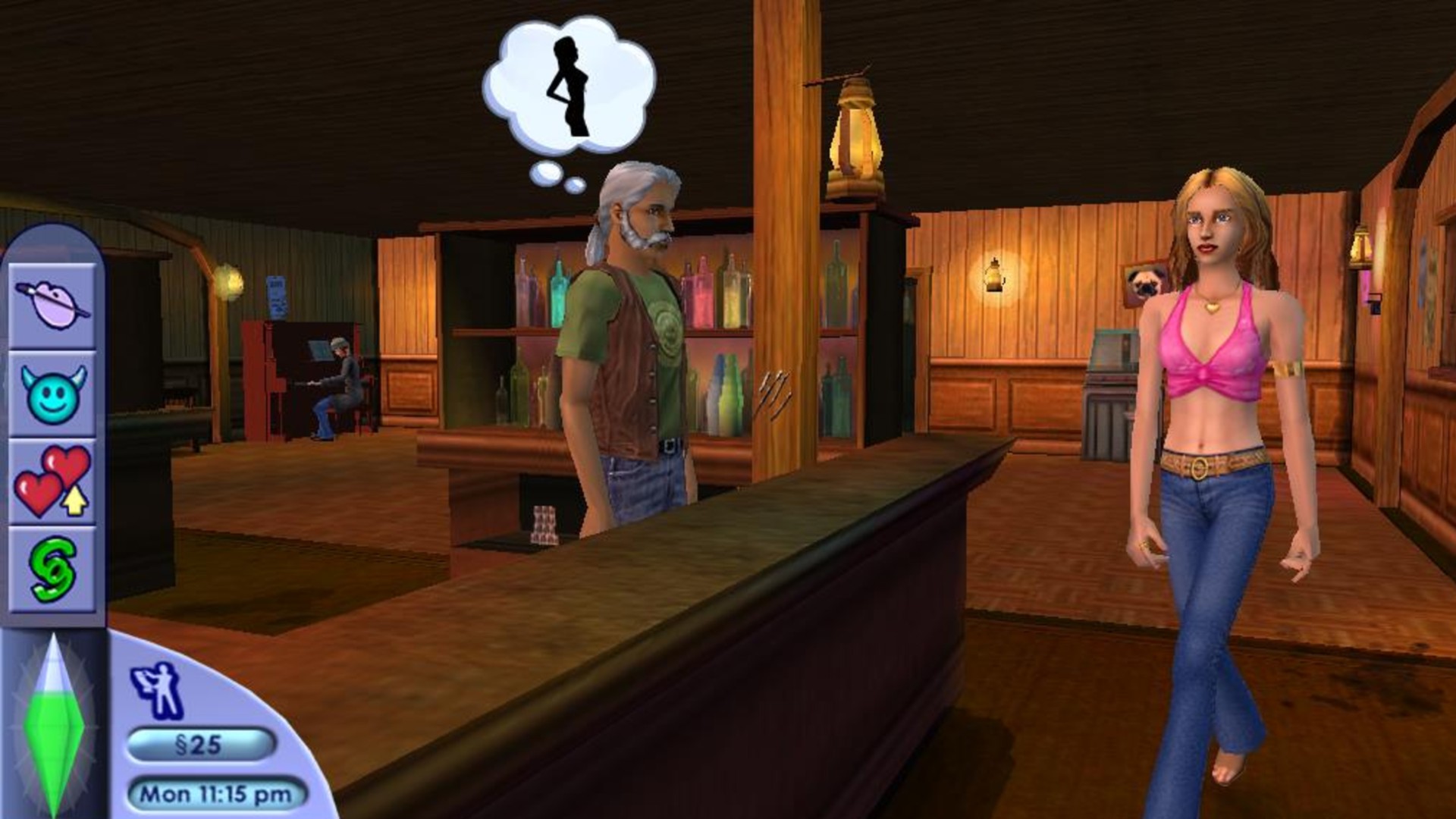 The Sims 2 for console screenshot of a bartender with a thought bubble as he admires an approaching woman