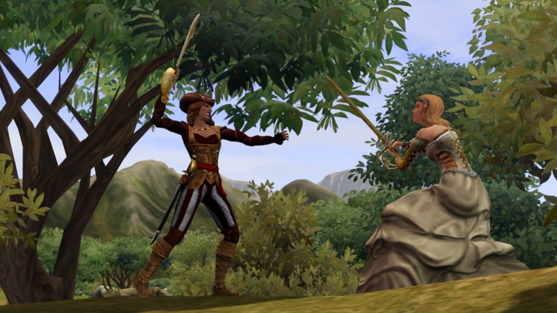 The Sims medieval screenshot of a princess in a sword fight against a cutlass-wielding pirate